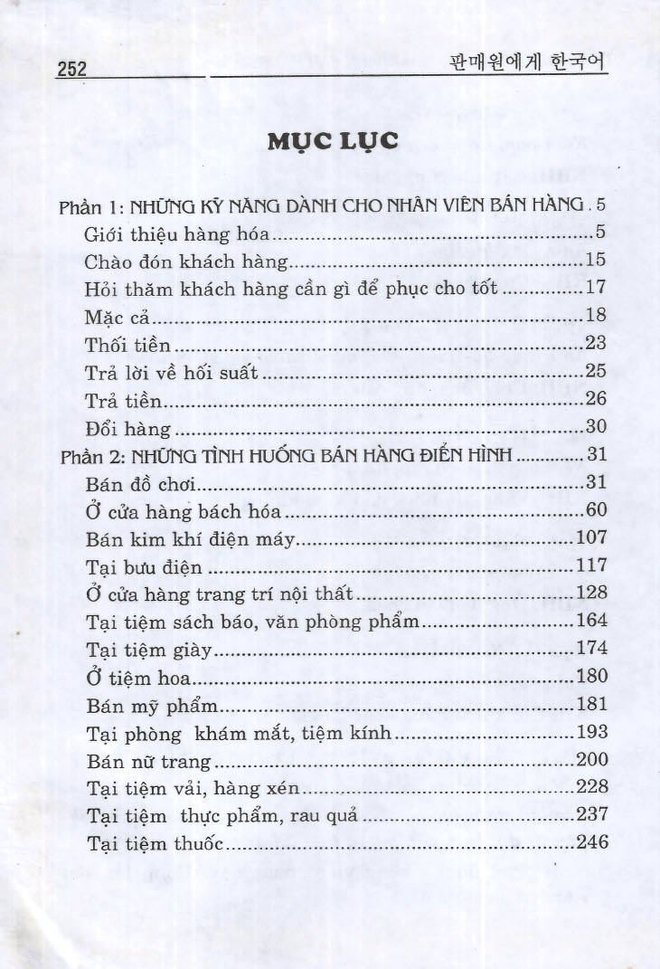 Mục lục sách Tiếng Hàn Dành Cho Nhân Viên Bán Hàng